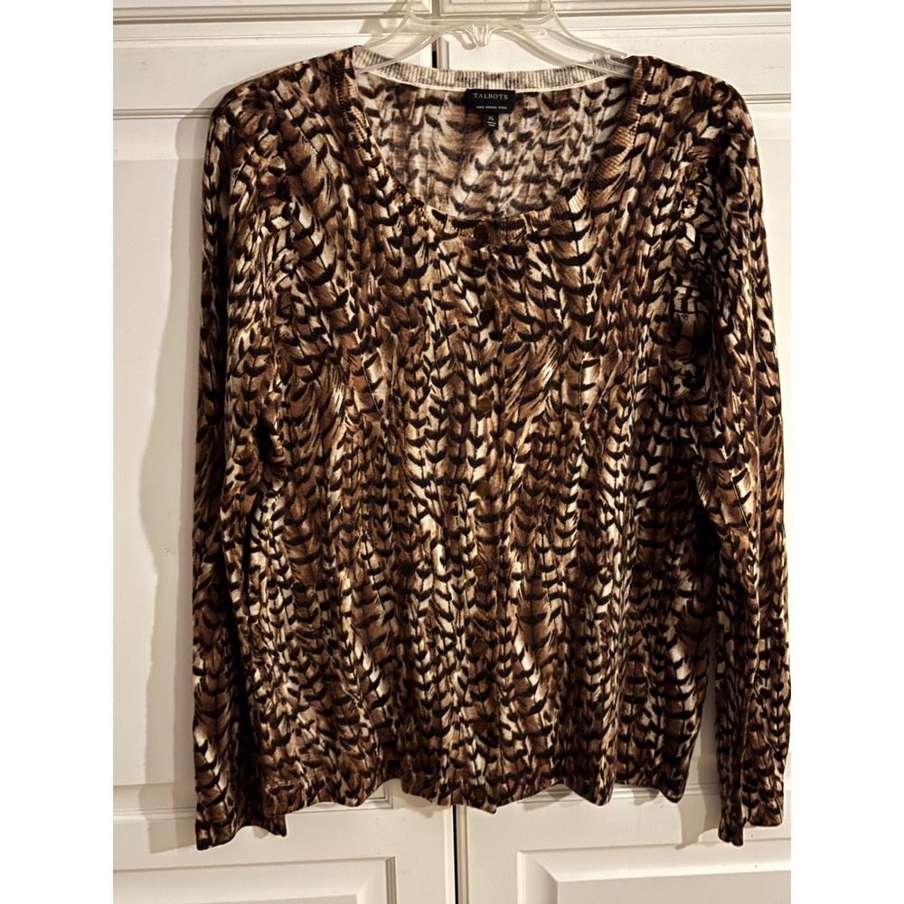 Talbots Pure Merino Wool Cardigan Sweater XL Brown Tan Feather Print Button Up